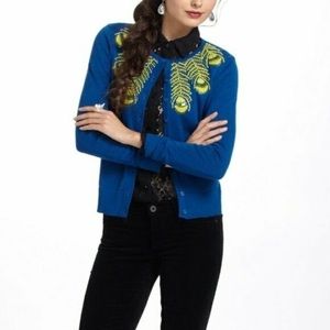 Anthropologie Tibatha limabird peacock feather blue cardigan